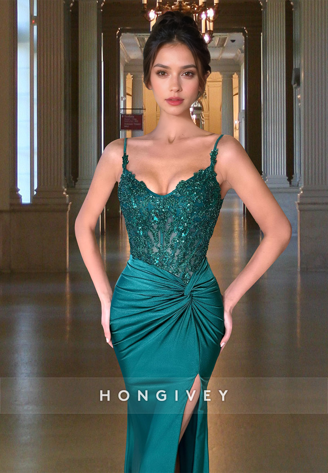 Sexy Green Applique Spaghetti Straps With Slit Evening Dress Formal Gown