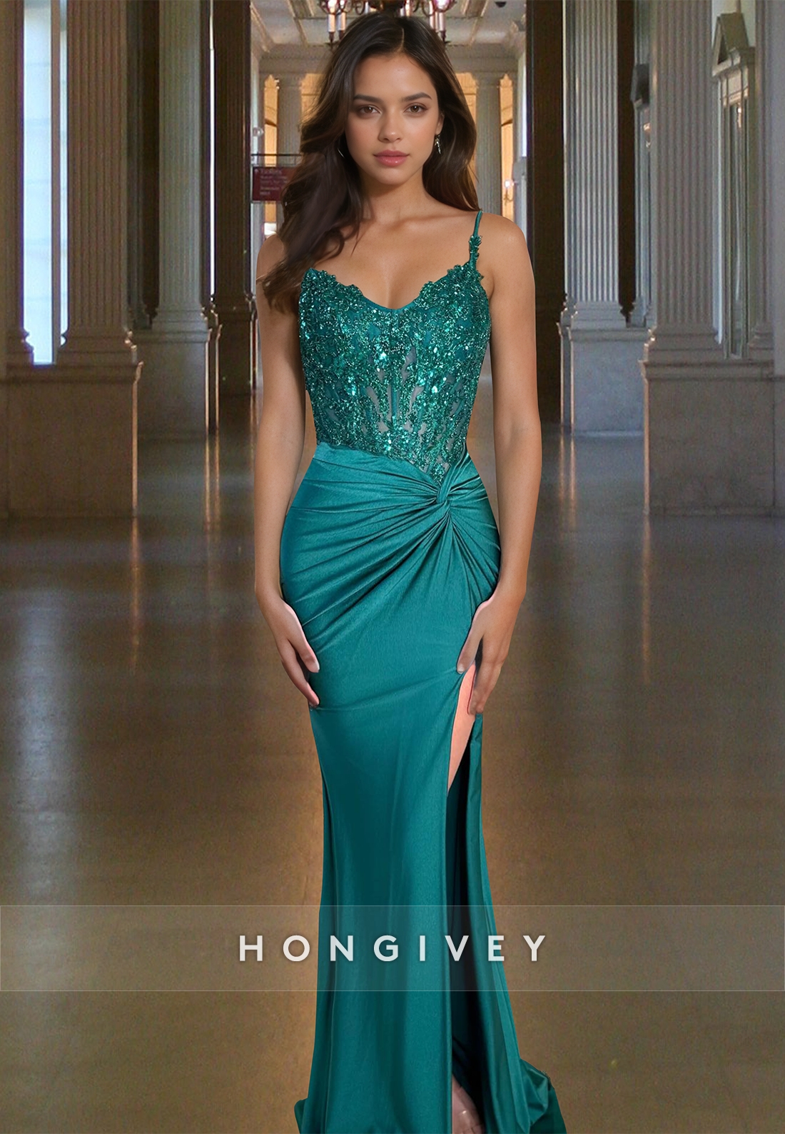 Sexy Green Applique Spaghetti Straps With Slit Evening Dress Formal Gown