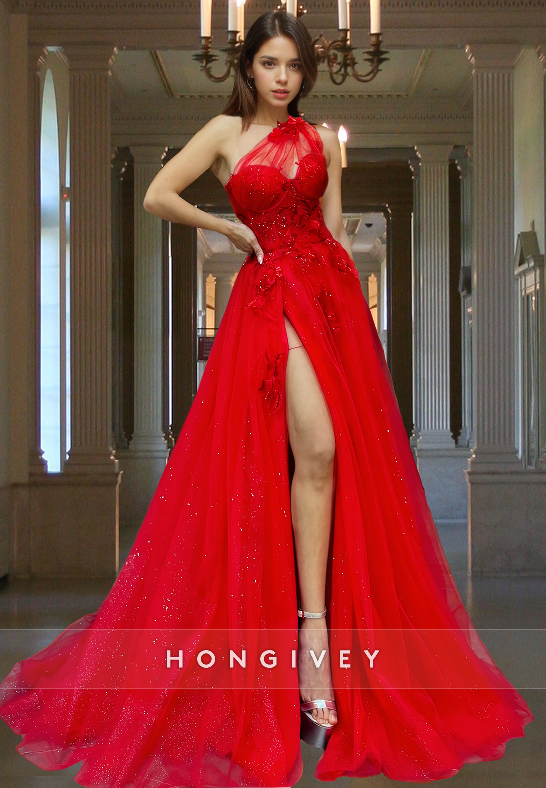 Red One Shoulder Aline High Slit Prom Dress Ball Gown