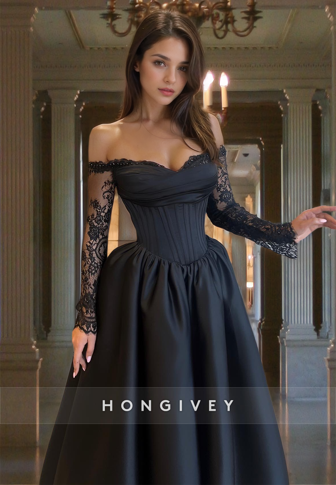 Black Long Sleeves Lace Applique Aline Evening Dress Ball Gown