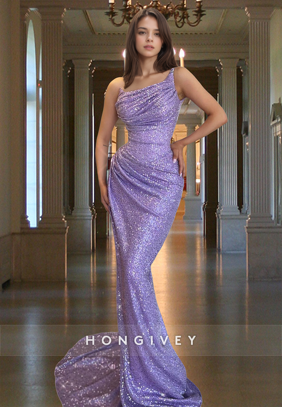 Sparkle Purple Sequined Ruched Mermaid Evening Dress Formal Gown