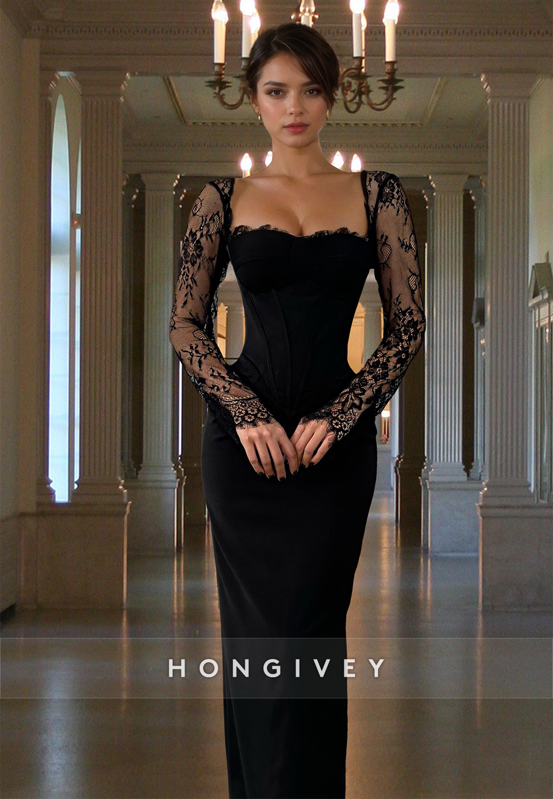 Sexy Black Fitted Empire Sheer Sleeves Evening Dress Formal Gown