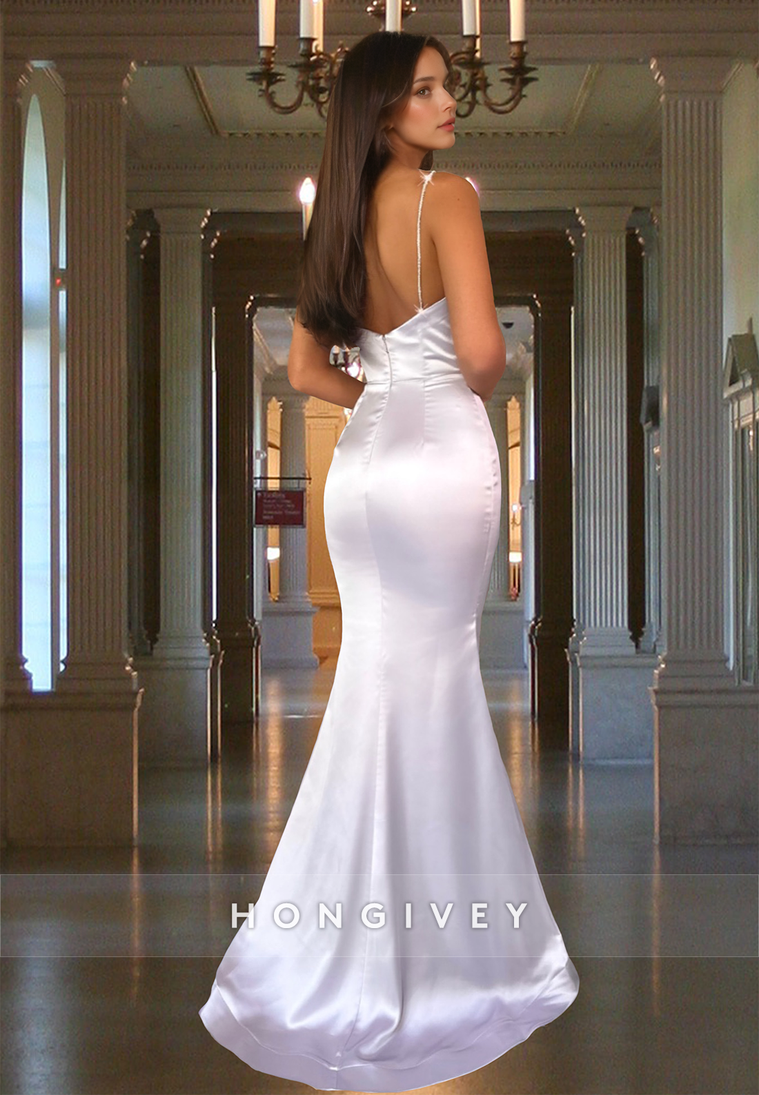 White Square Straps Trumpet Satin Evening Dress Simple Casual Gown