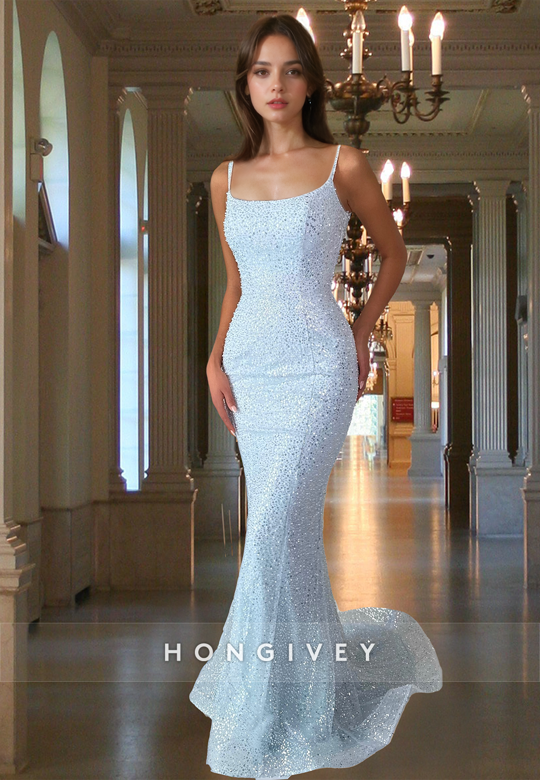 White Sequined Mermaid Evening Dress Square Straps Fitted Formal Gown