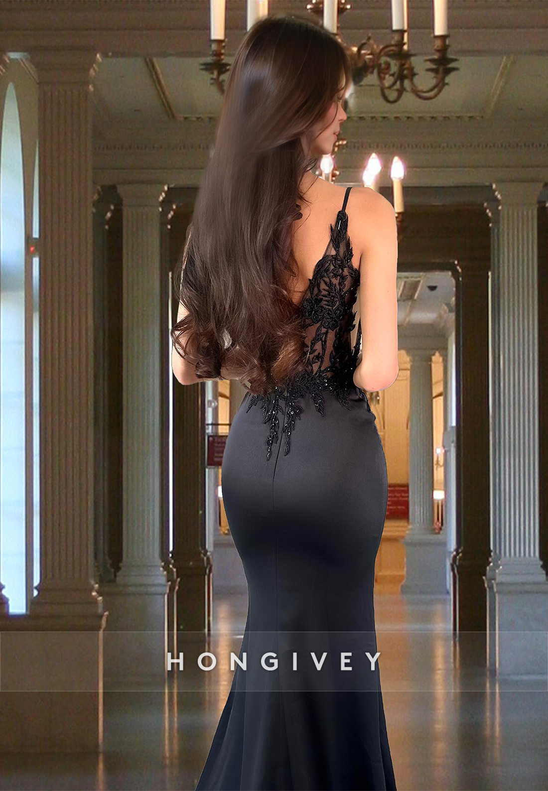 Sexy Black Vneck Sheer Open Back Mermaid Evening Dress Gown