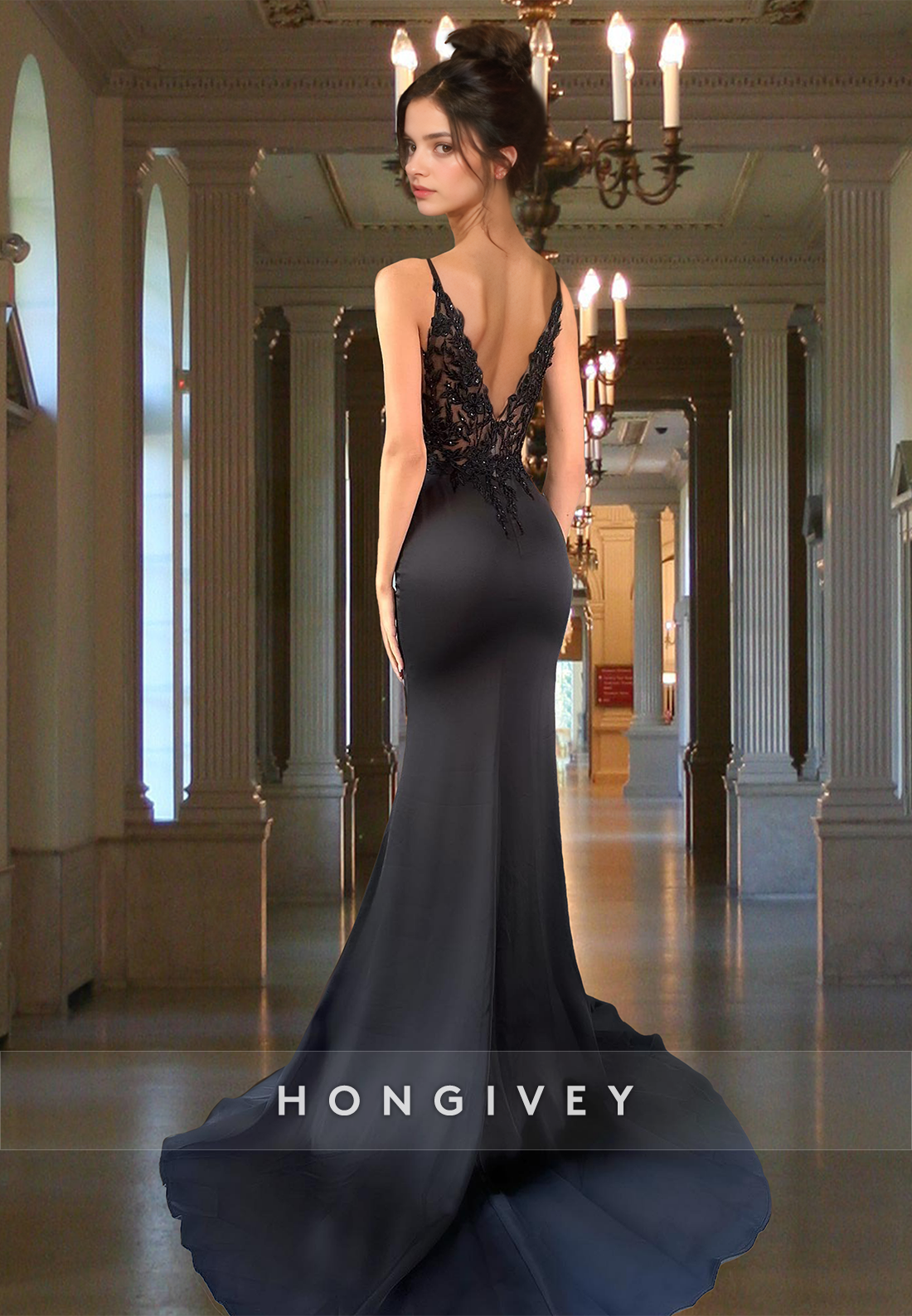 Sexy Black Vneck Sheer Open Back Mermaid Evening Dress Gown