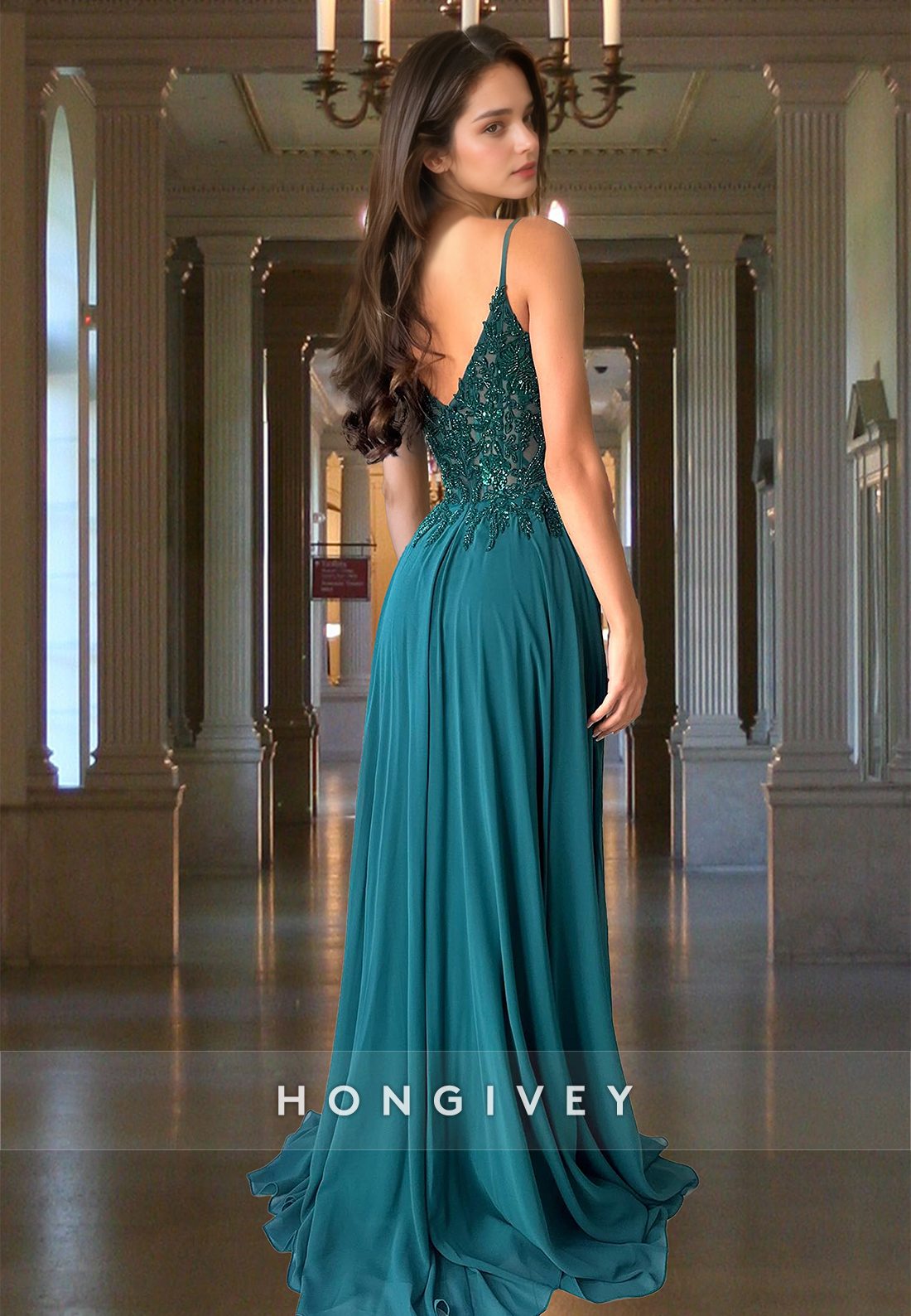 Aline Spaghetti Straps Applique Dark Green Evening Dress Formal Gown