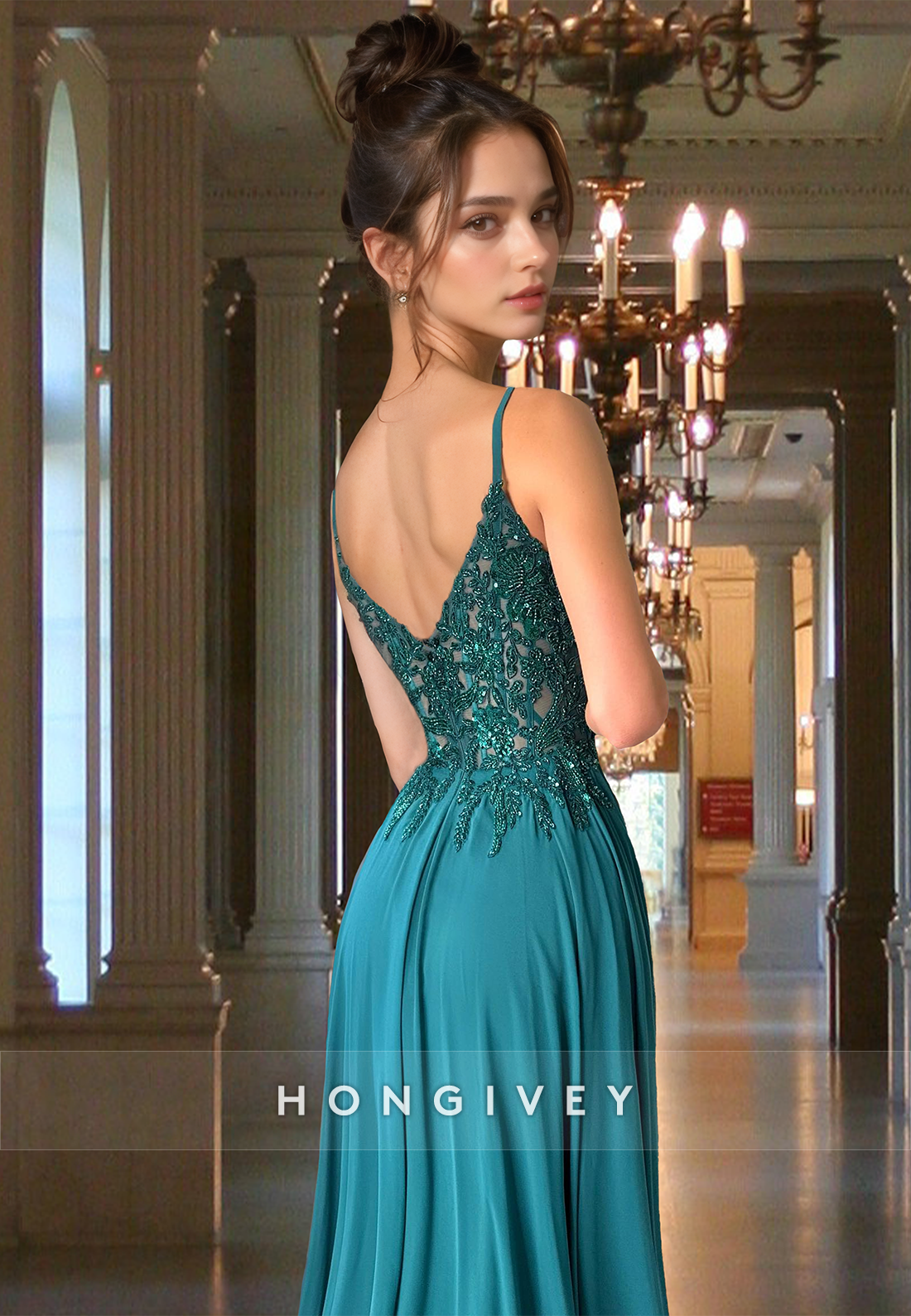 Aline Spaghetti Straps Applique Dark Green Evening Dress Formal Gown