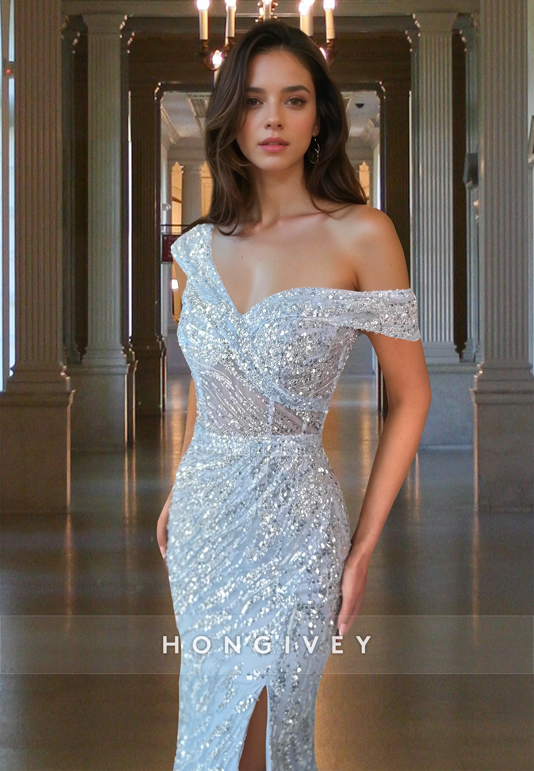 Silver Sequined Straps Empire Mermaid Evening Dress Formal Gown