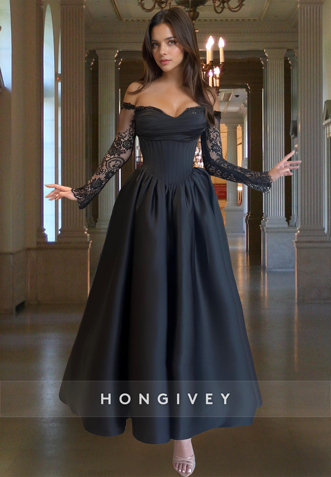 Black Long Sleeves Lace Applique Aline Evening Dress Ball Gown