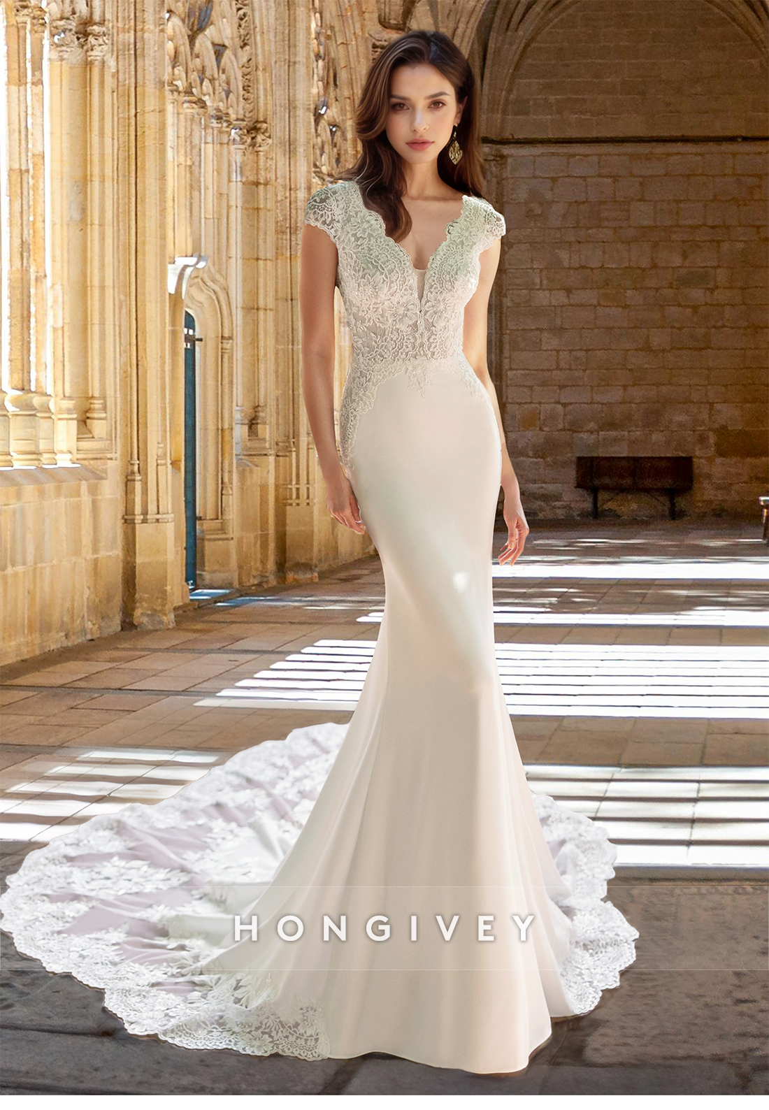 Empire Vneck Lace Applique Mermaid With Train Wedding Dress