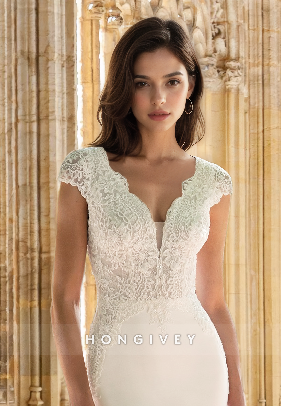 Empire Vneck Lace Applique Mermaid With Train Wedding Dress