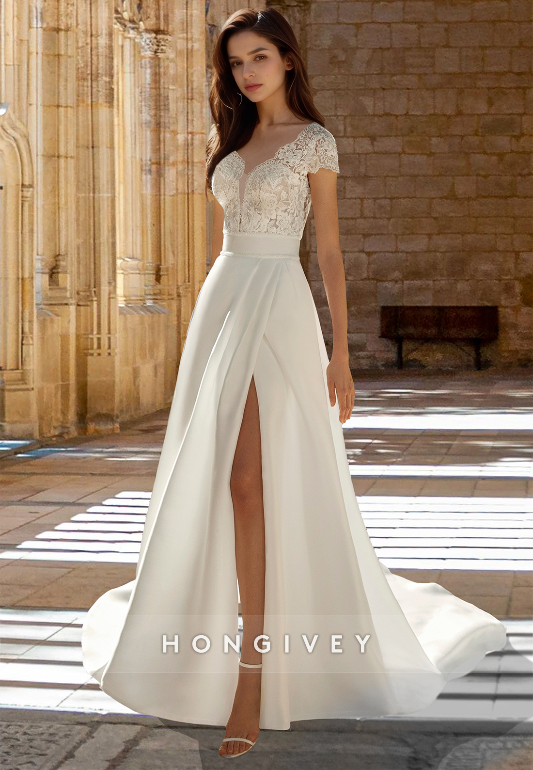 Short Sleeves Aline With Slit Applique Wedding Dress