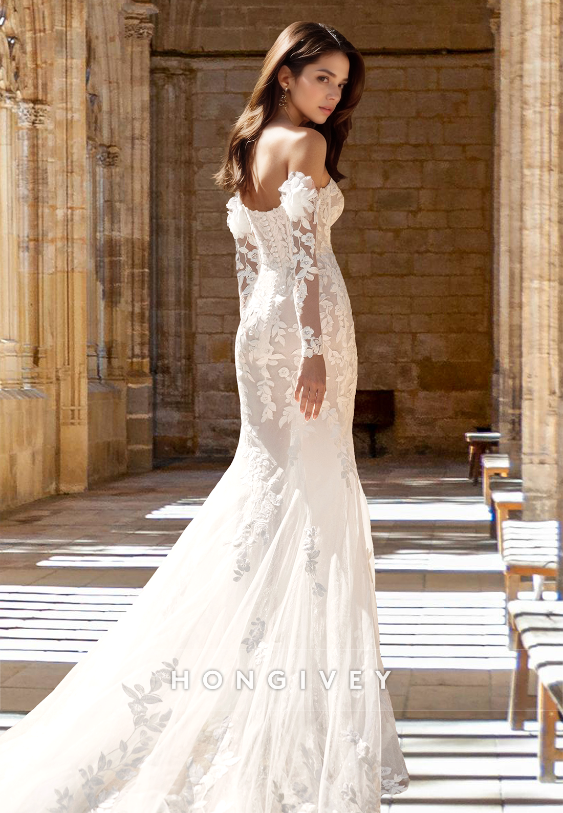 Chic Offshoulder Sleeves Applique With Train Tulle Wedding Dress