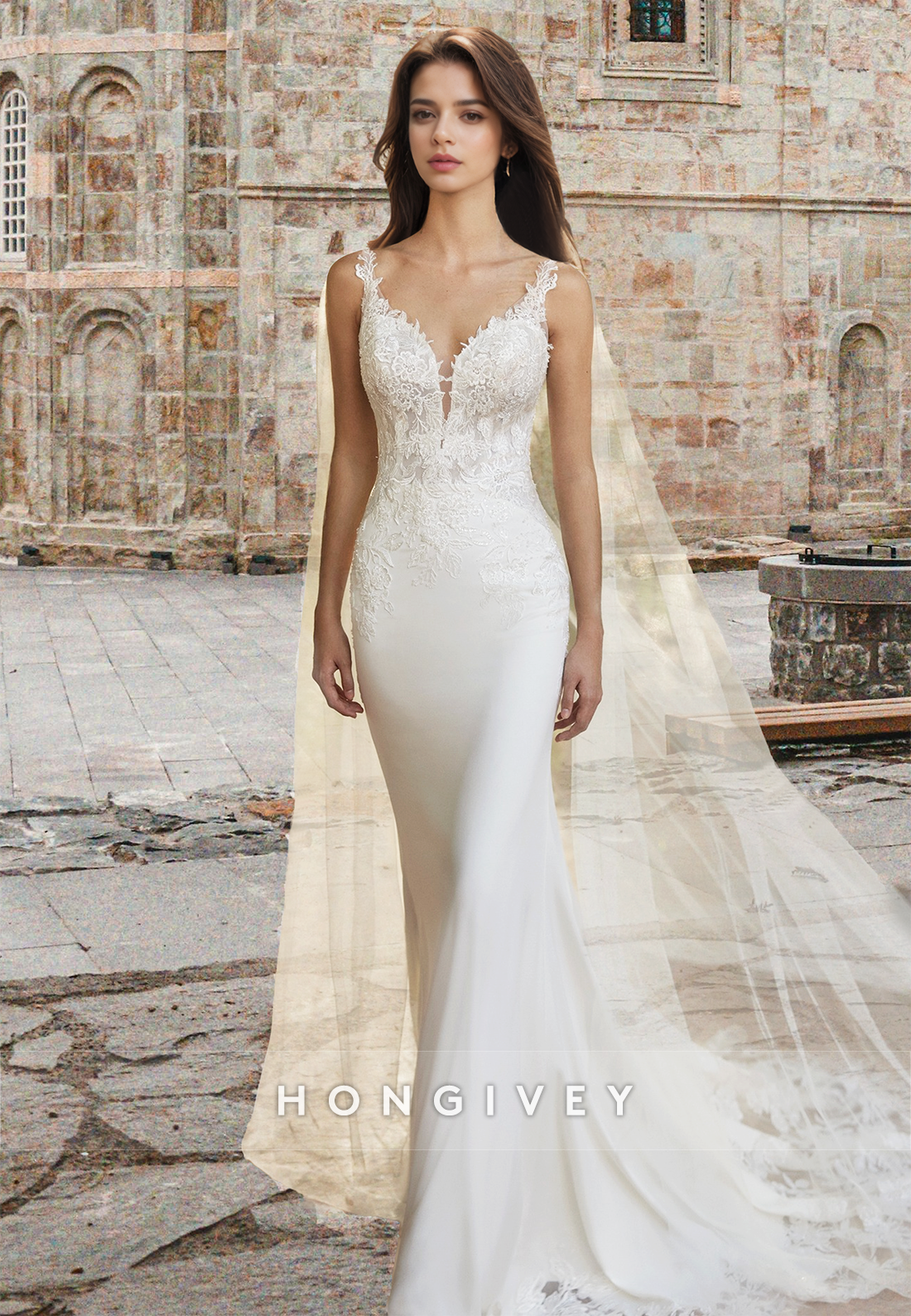 Chic Spaghetti Straps Applique Trumpet Satin Wedding Dress