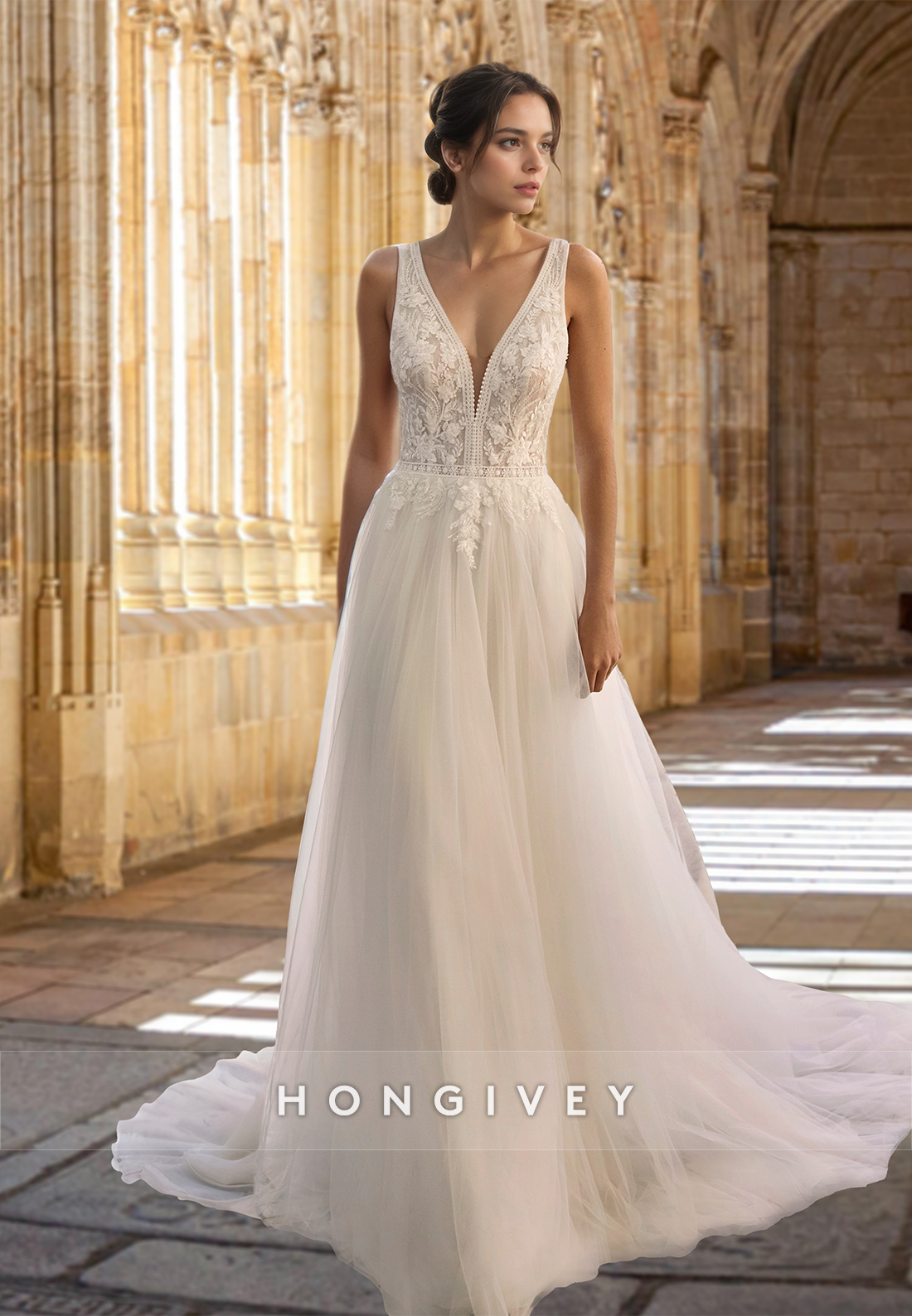 Sexy Vneck Applique Aline Tulle With Train Wedding Dress