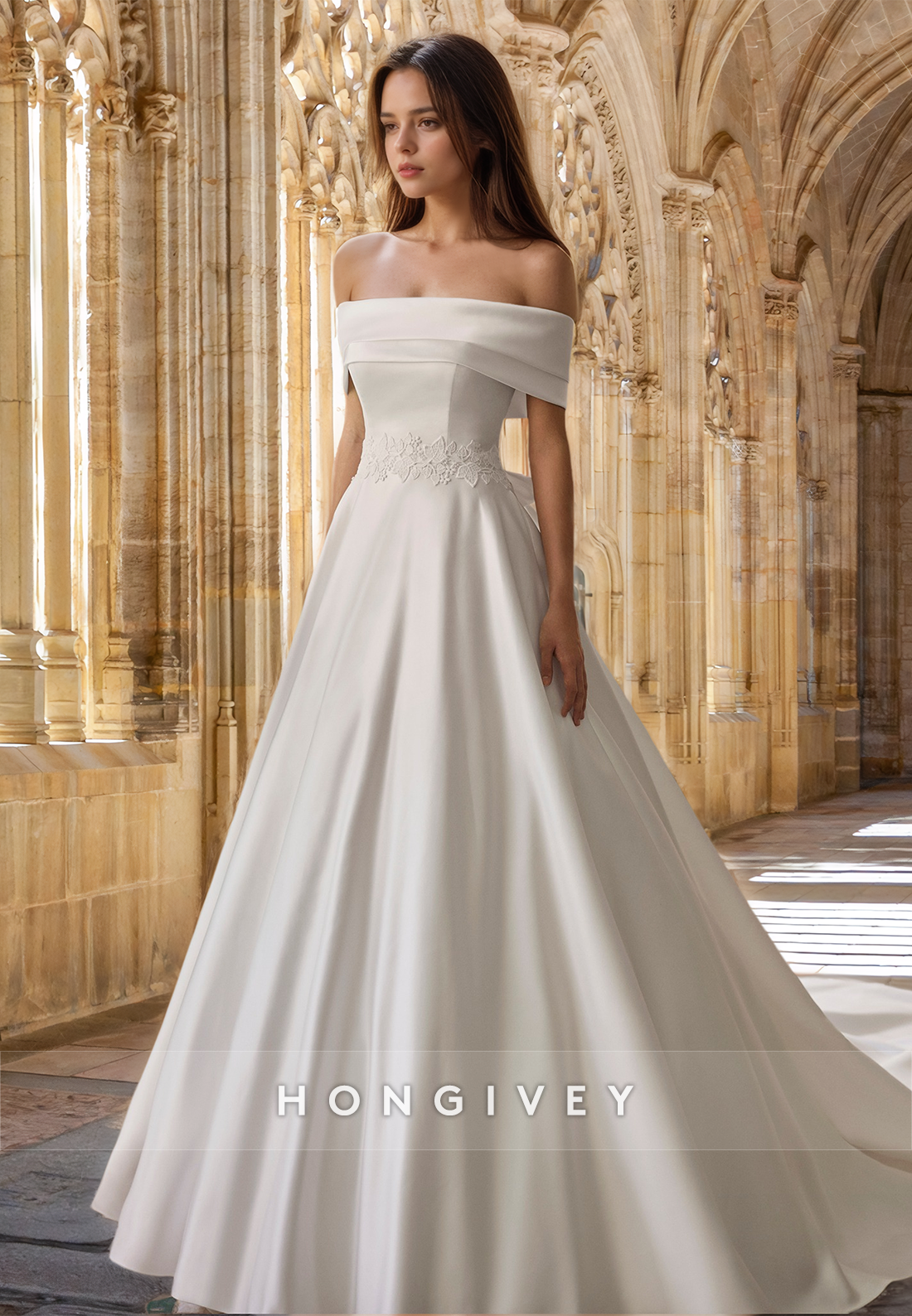 Offshoulder Bow Aline With Train Wedding Dress Bride Gown