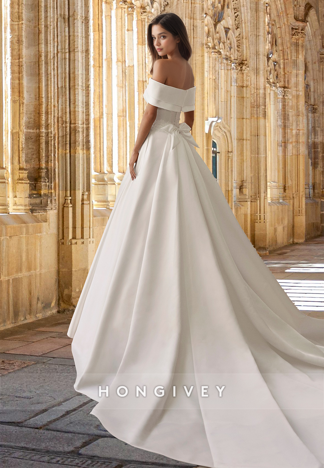 Offshoulder Bow Aline With Train Wedding Dress Bride Gown