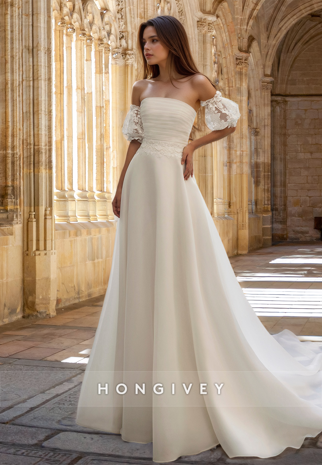 Chic Ruched Short Sleeves Strapless Aline Tulle Wedding Dress