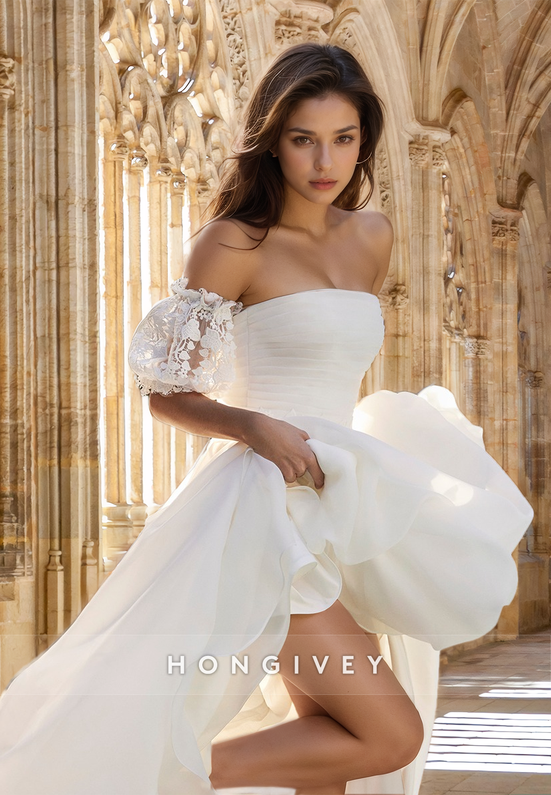 Chic Ruched Short Sleeves Strapless Aline Tulle Wedding Dress