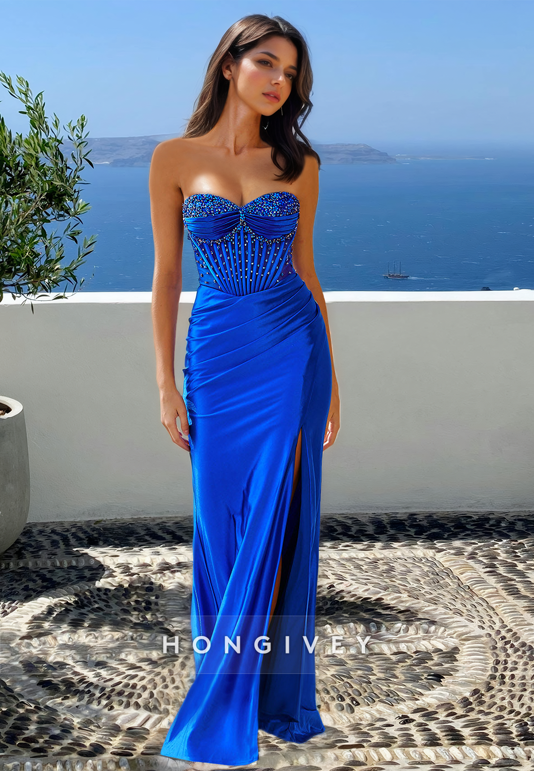 Chic Beaded Blue Sweetheart Sheath Strapless Evening Dress Party Gown