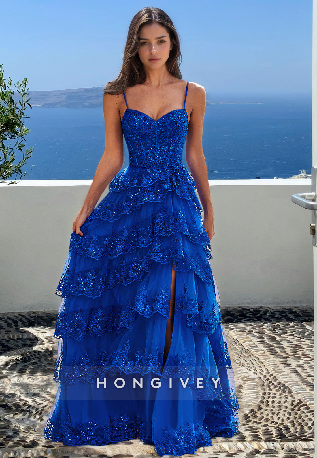 Blue Applique Tiered Aline Spaghetti Straps Prom Dress Ball Gown