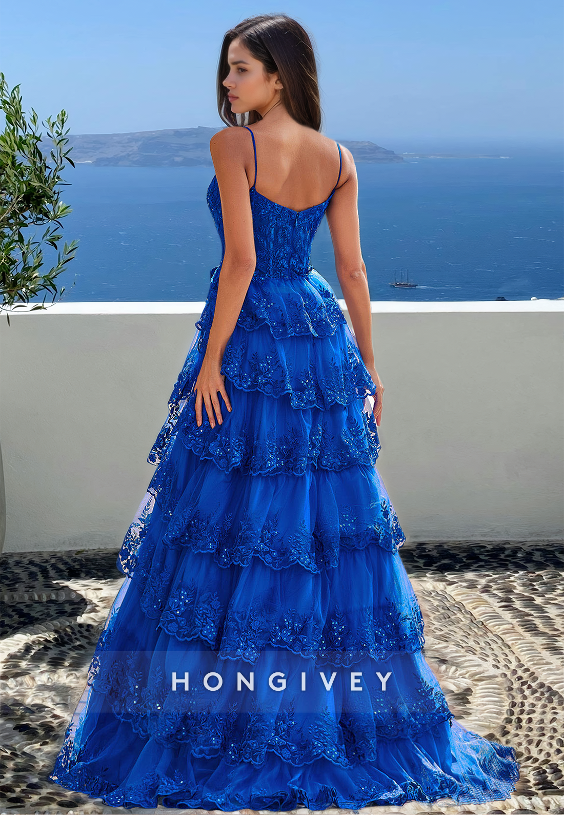 Blue Applique Tiered Aline Spaghetti Straps Prom Dress Ball Gown