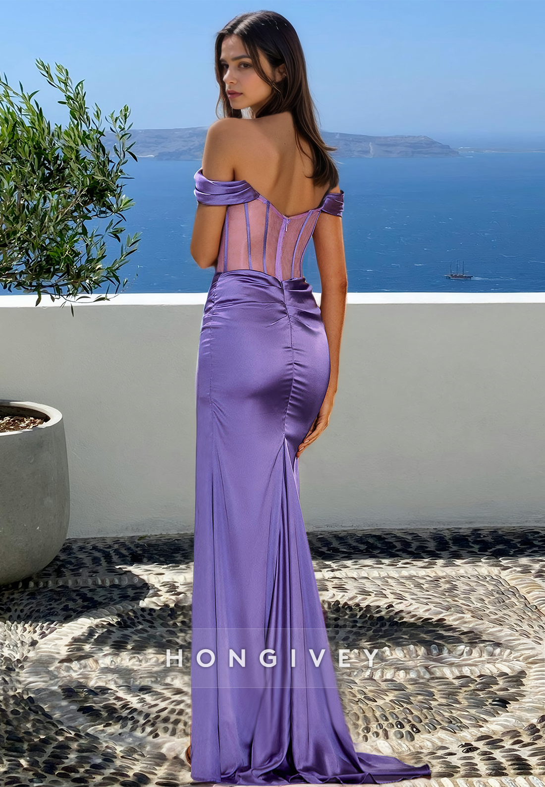 Sexy Sheer Purple Ruched Offshoulder With Slit Formal Evening Dress