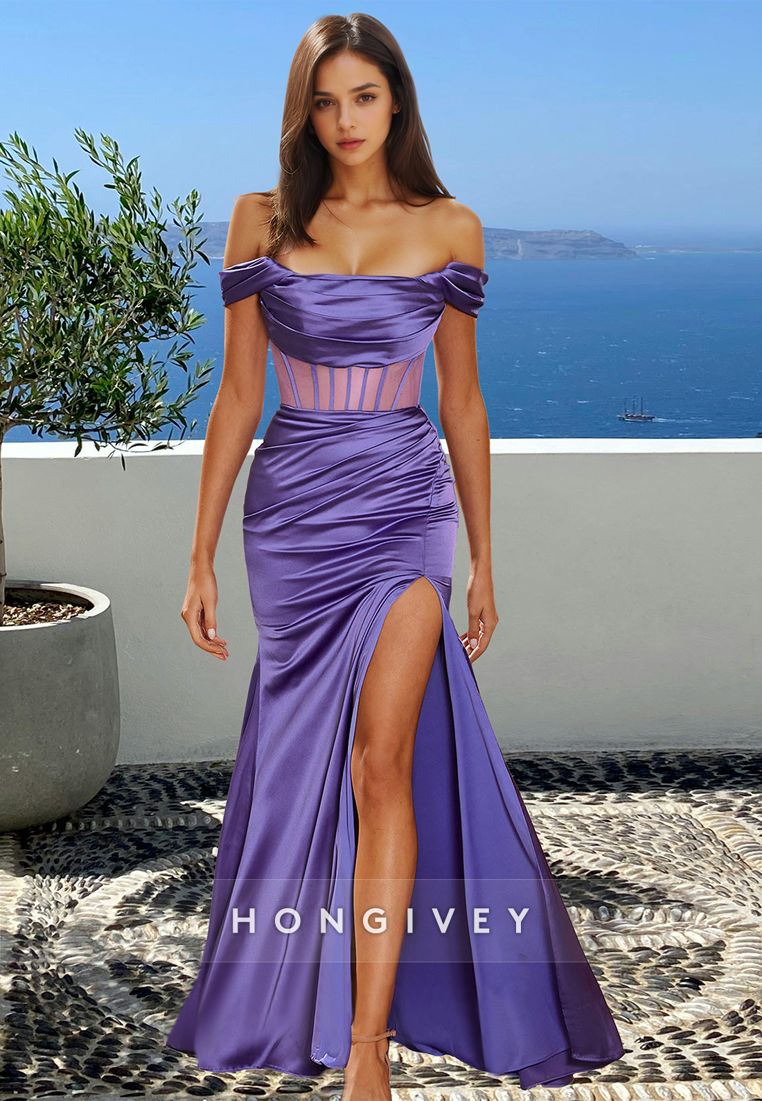 Sexy Sheer Purple Ruched Offshoulder With Slit Formal Evening Dress