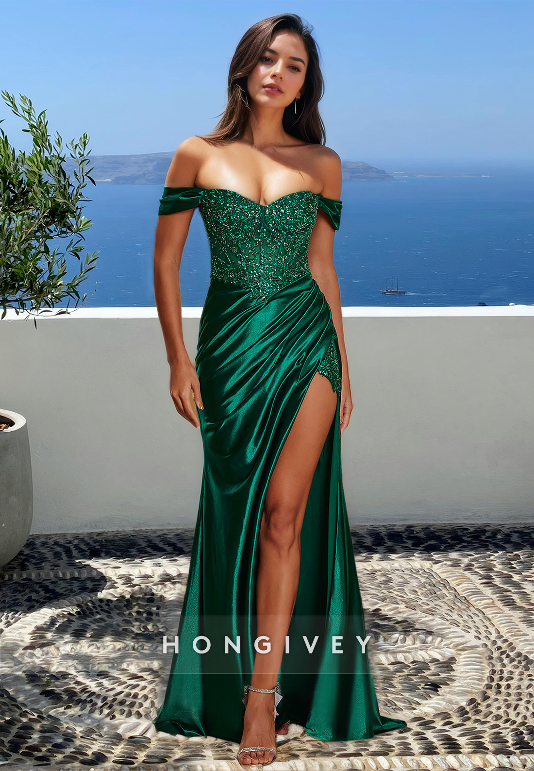 Green Offshoulder Applique Beaded Satin With Slit Evening Dress Gown