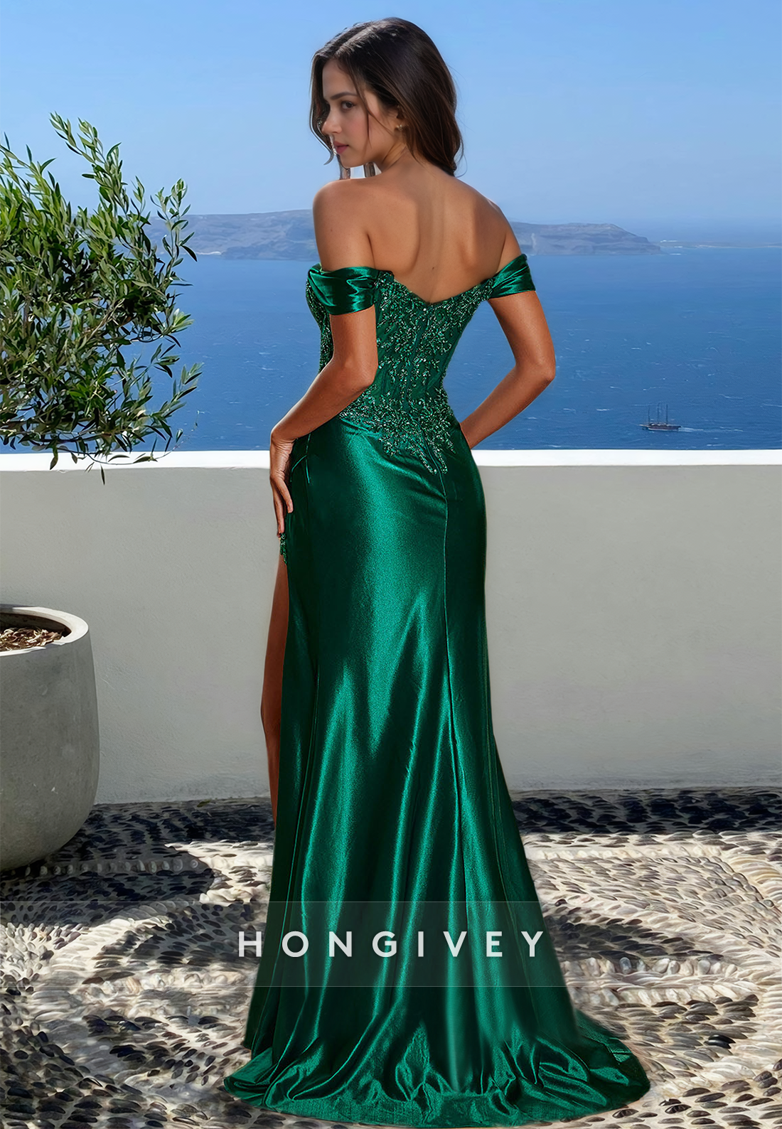 Green Offshoulder Applique Beaded Satin With Slit Evening Dress Gown