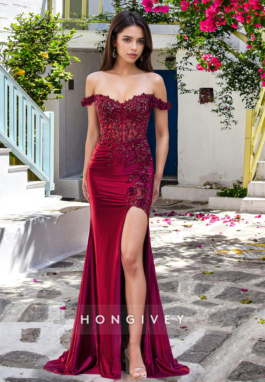 Sexy Red High Slit Applique Beaded Trumpet Formal Evening Dress