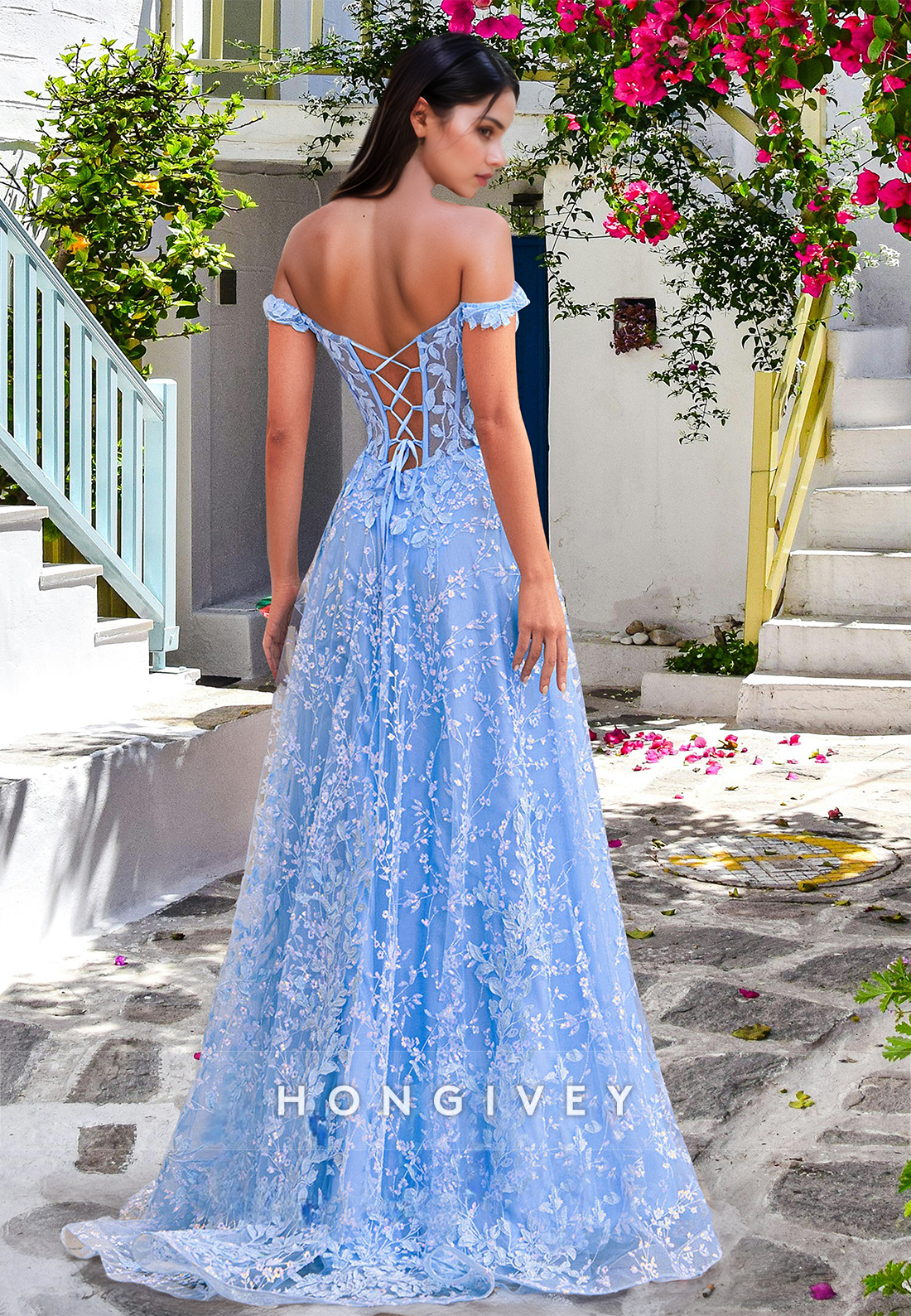 Floral Offshoulder Blue Long Prom Dress New Ball Gown