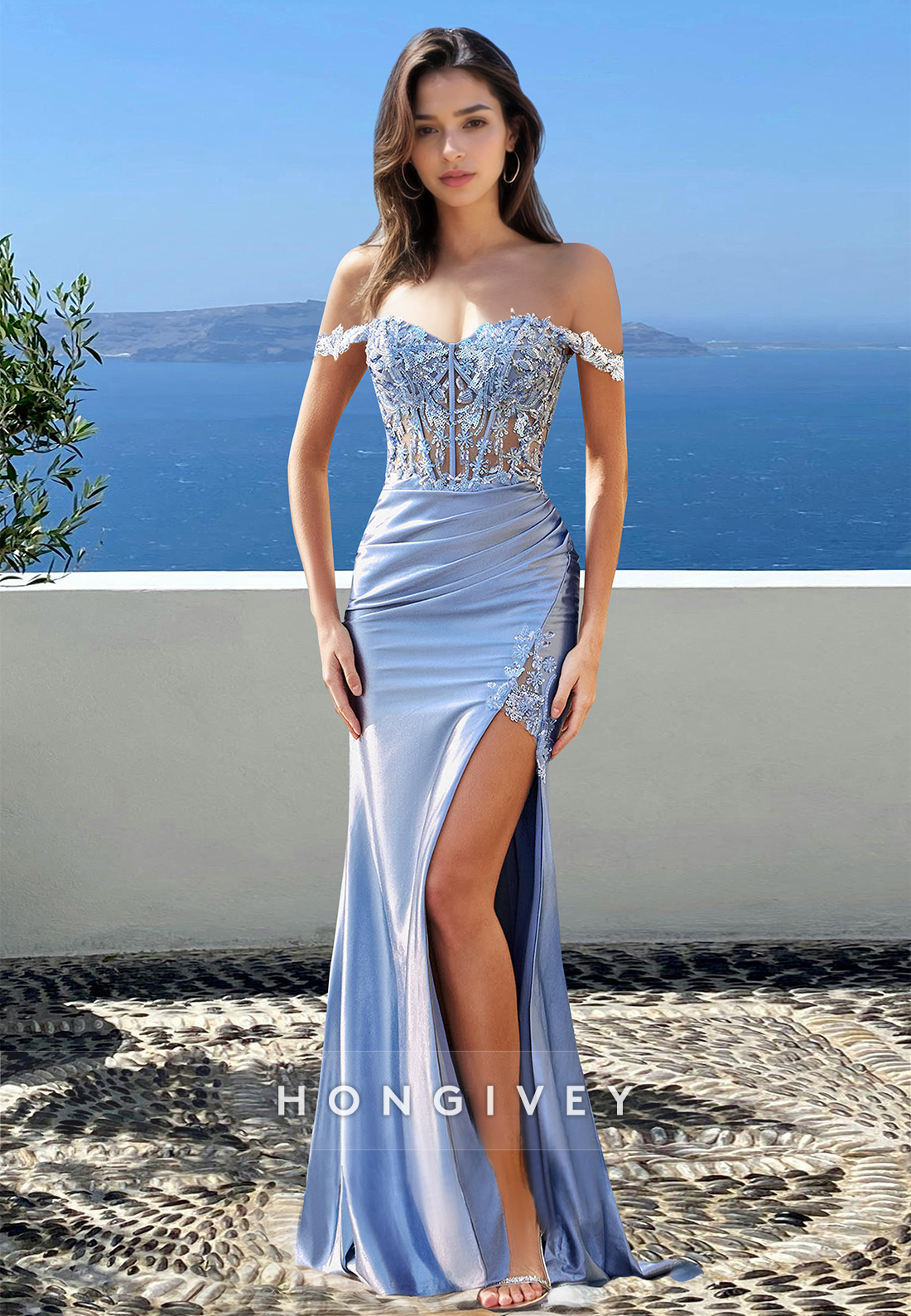 Sexy Sheer Apllique Sheath Offshoulder Satin Formal Evening Dress