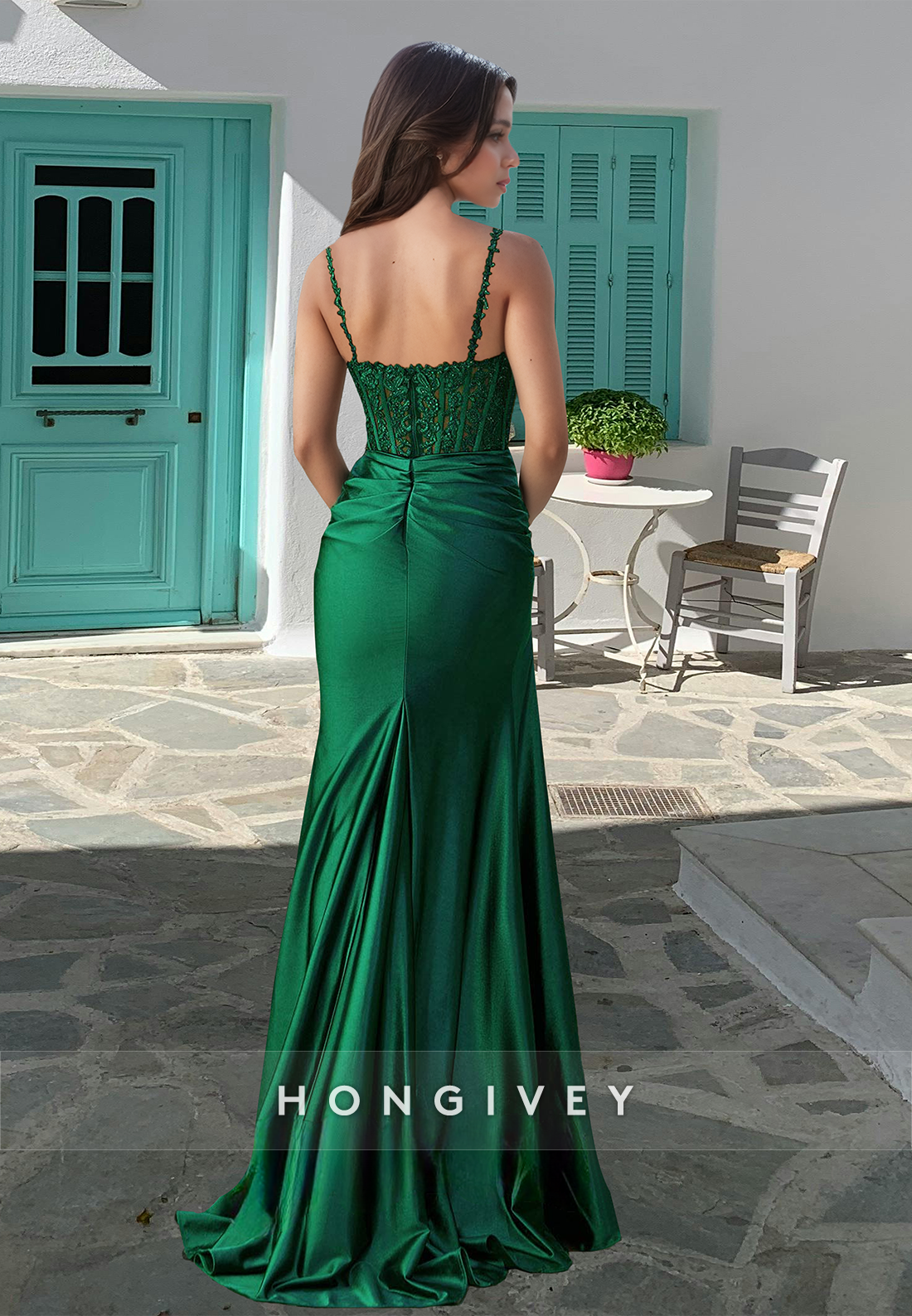 Square Straps Dark Green Applique With Slit Formal Evening Dress