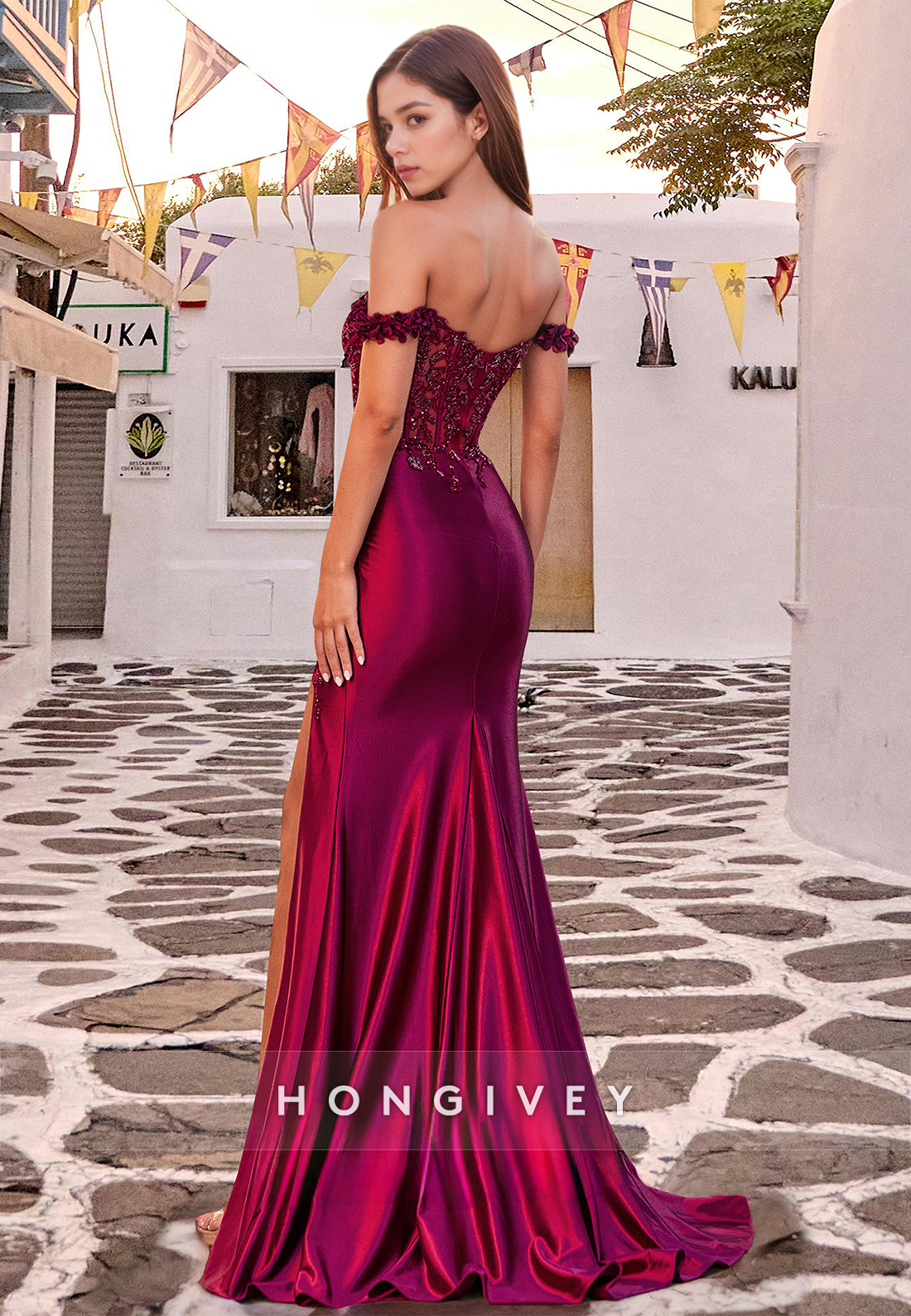 Sexy Red High Slit Applique Beaded Trumpet Formal Evening Dress