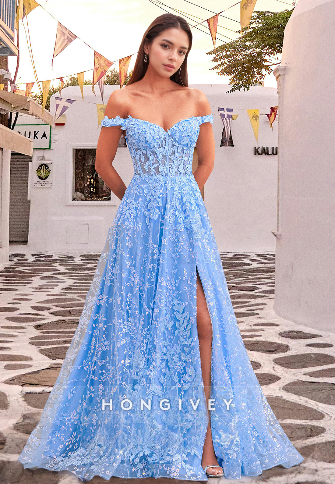 Floral Offshoulder Blue Long Prom Dress New Ball Gown