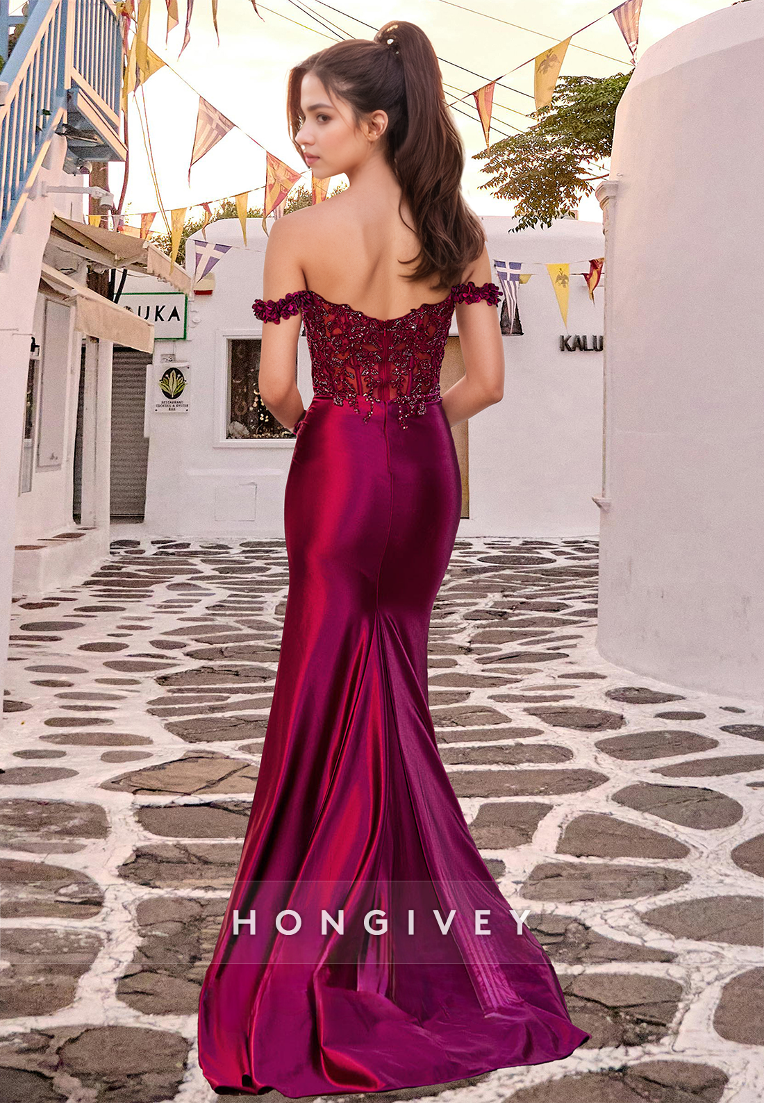 Sexy Red High Slit Applique Beaded Trumpet Formal Evening Dress