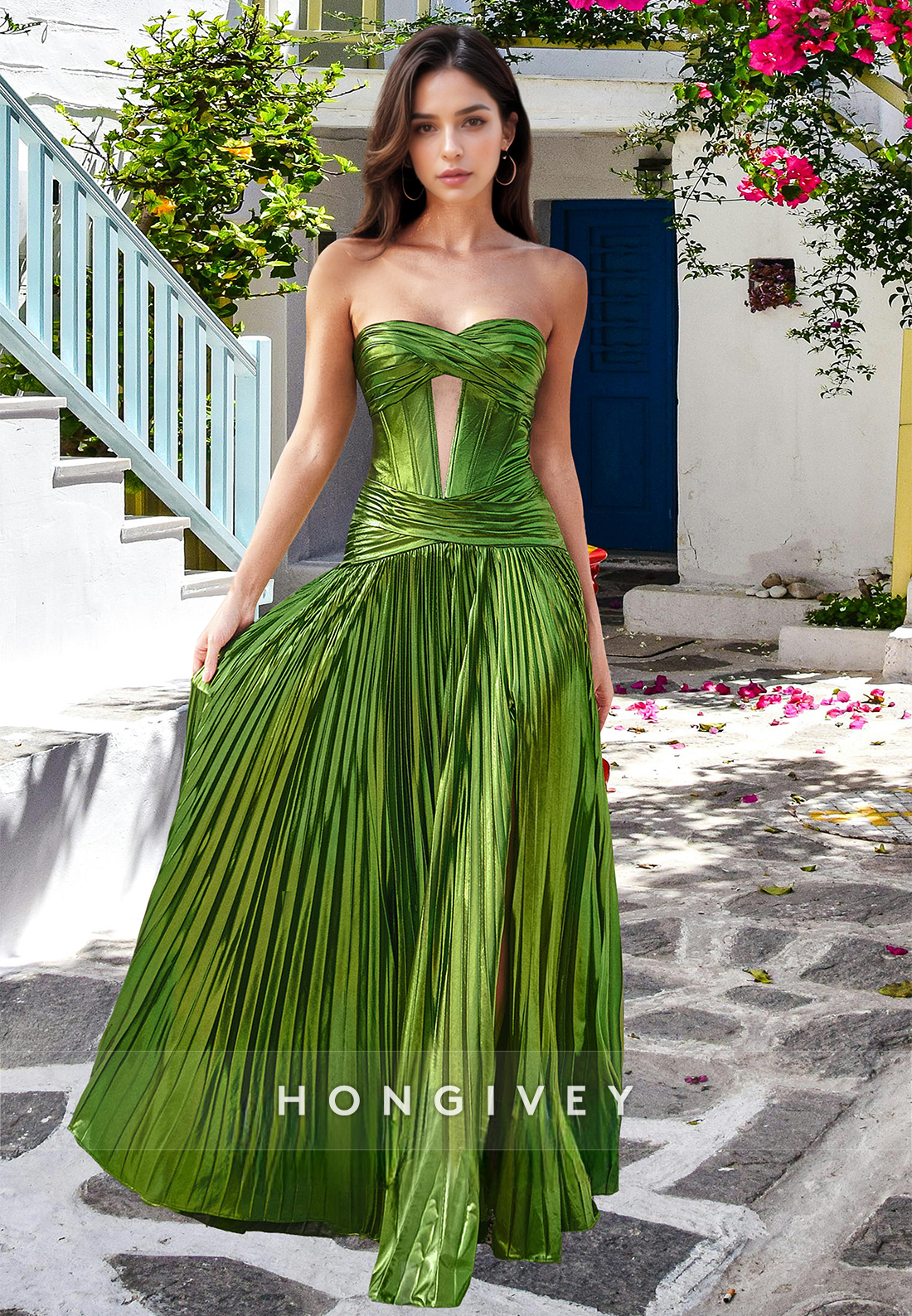 Sexy Green Strapless Pleated Aline With Slit Prom Dress Ball Gown