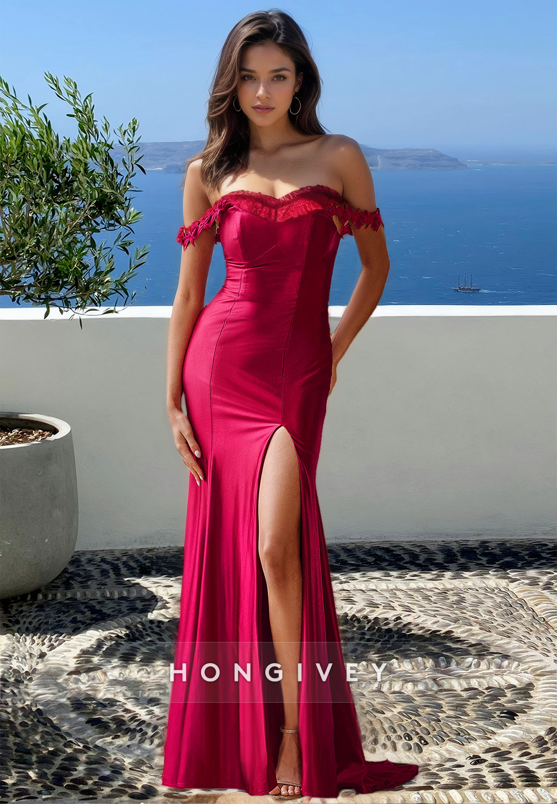 Chic Offshoulder Straps Empire Red With Slit Formal Gown Evening Dress