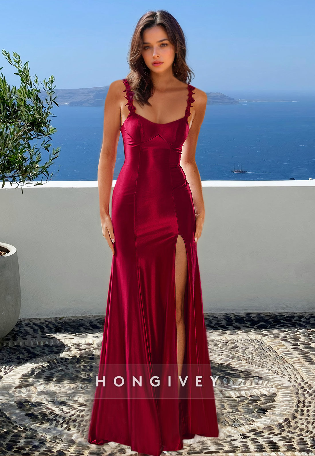 Chic Offshoulder Straps Empire Red With Slit Formal Gown Evening Dress