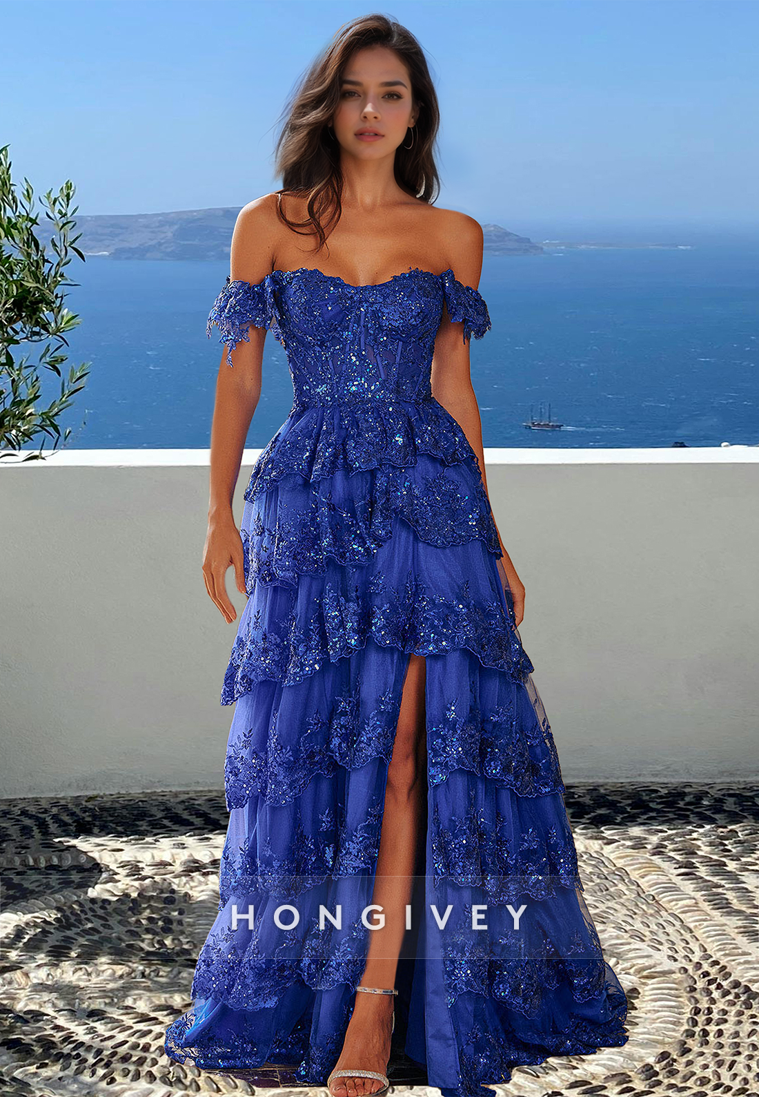 Tiered Offshoulder Prom Dress Stunning Aline Navy Blue Ball Gown