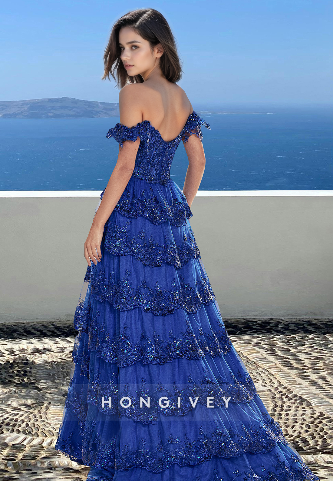 Tiered Offshoulder Prom Dress Stunning Aline Navy Blue Ball Gown