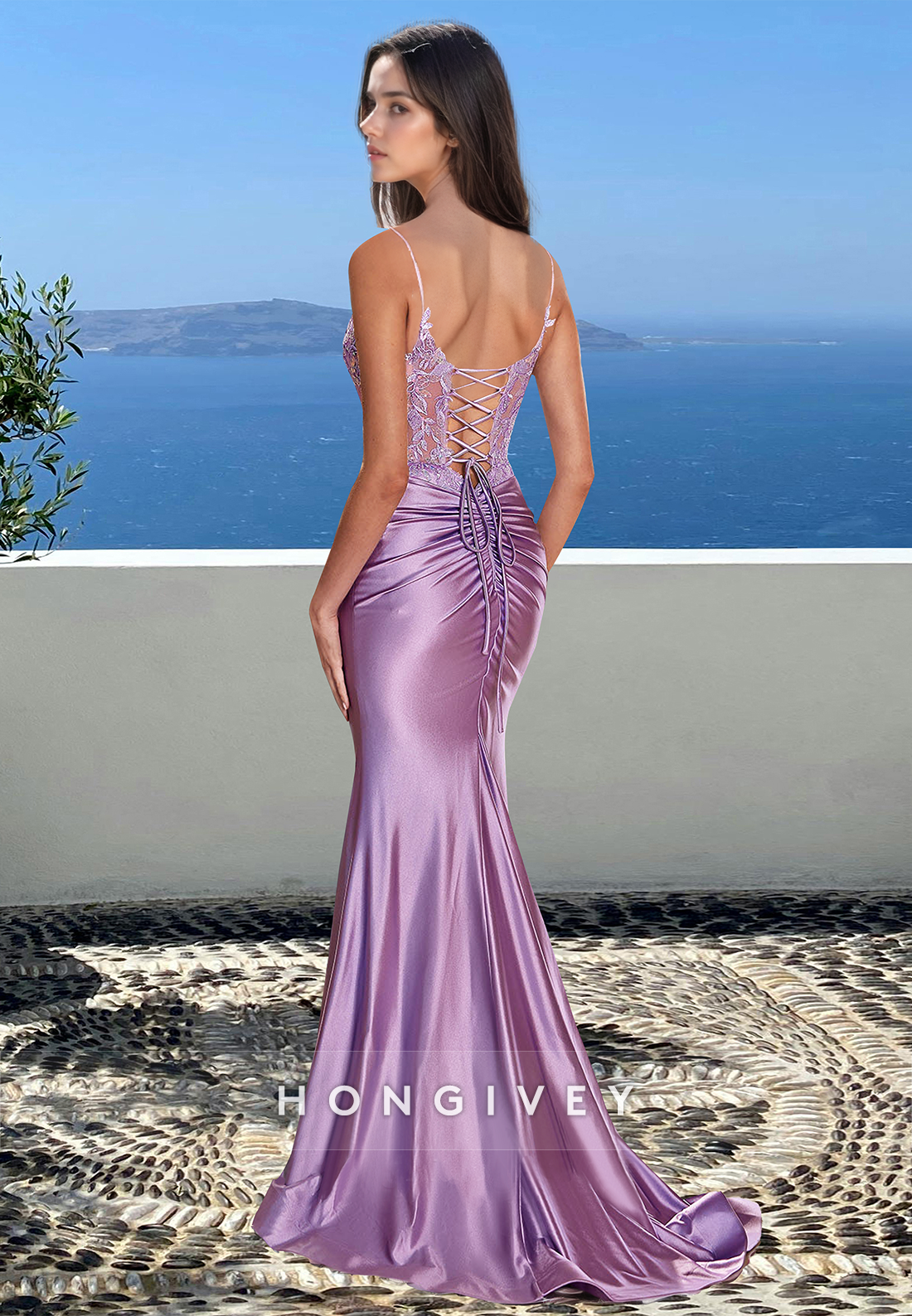 Straps Lilac Mermaid Evening Dress Satin Applique Vneck Formal Gown