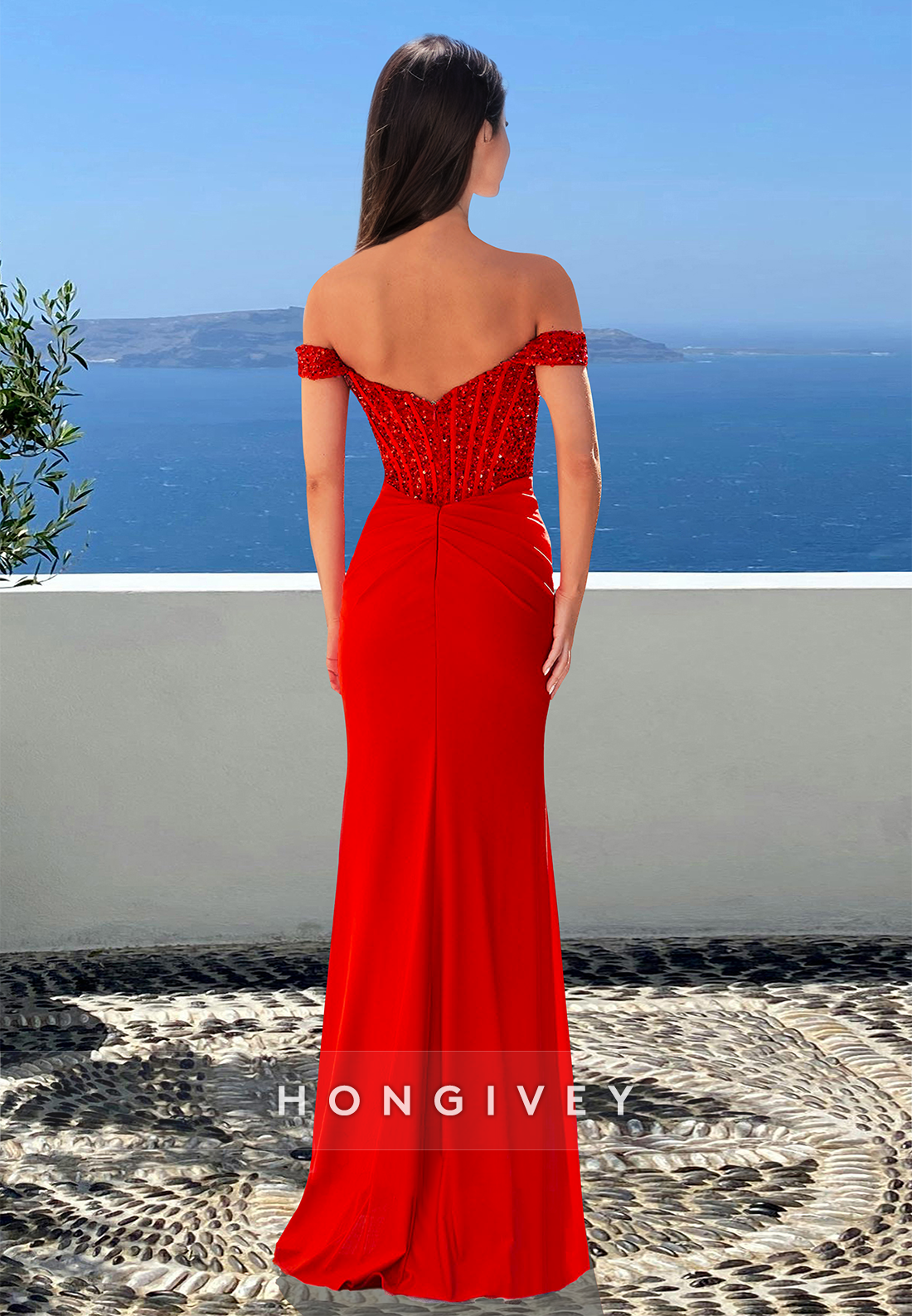 Stunning Offshoulder Sheath With Slit Formal Evening Dress