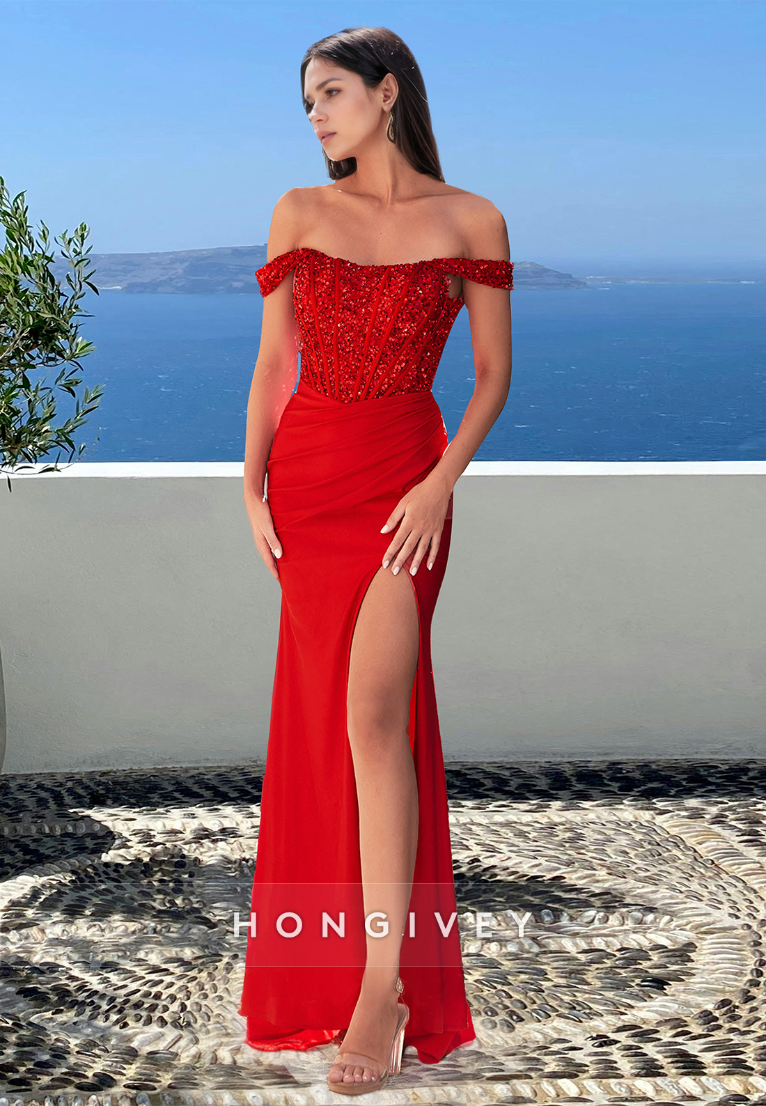 Stunning Offshoulder Sheath With Slit Formal Evening Dress