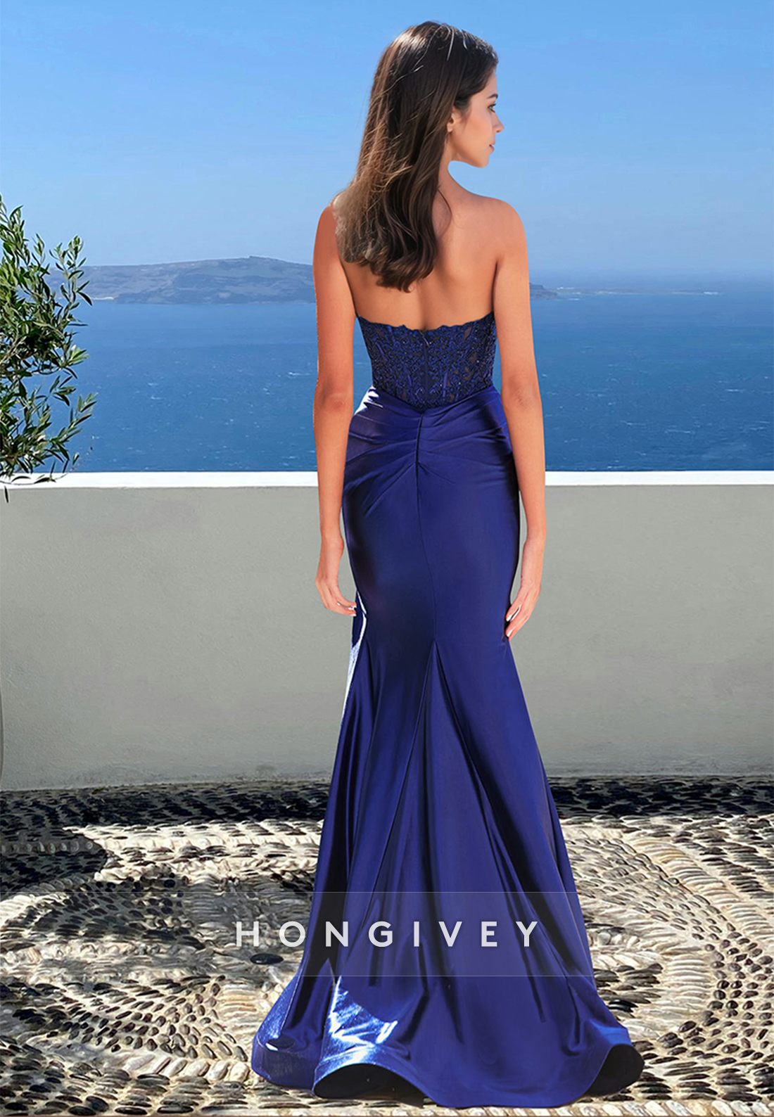 Sexy Sweetheart Strapless With Slit Blue Trumpet Formal Evening Dress