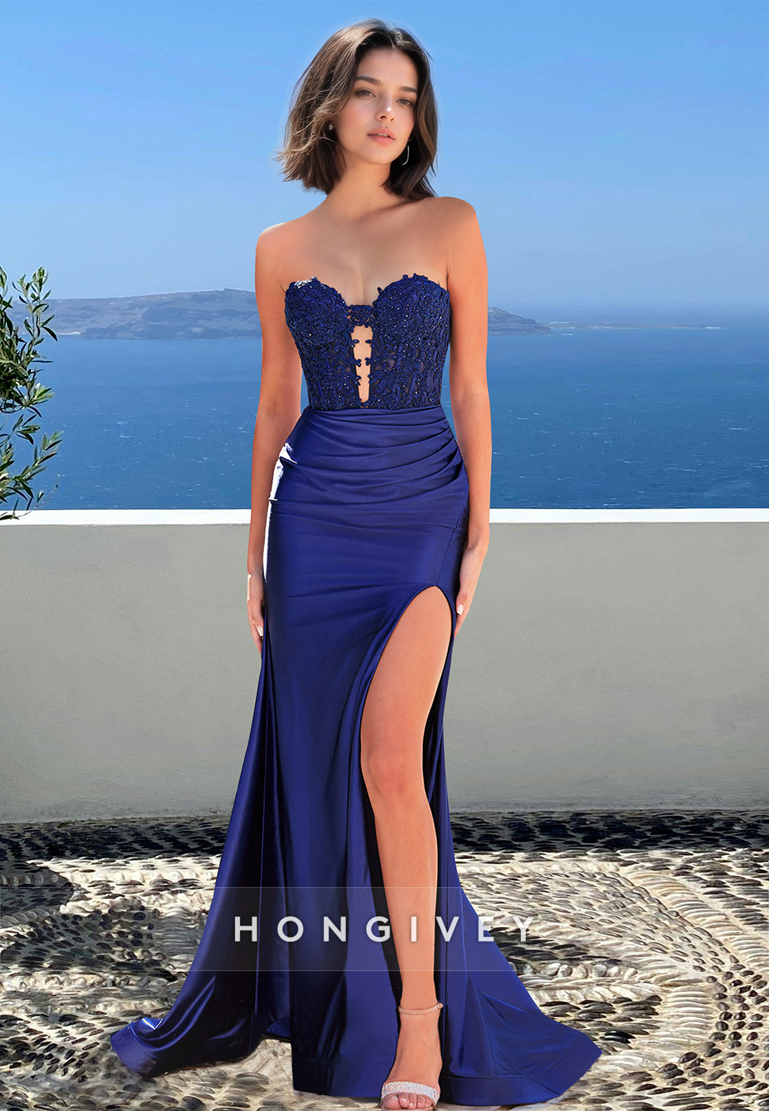 Sexy Sweetheart Strapless With Slit Blue Trumpet Formal Evening Dress