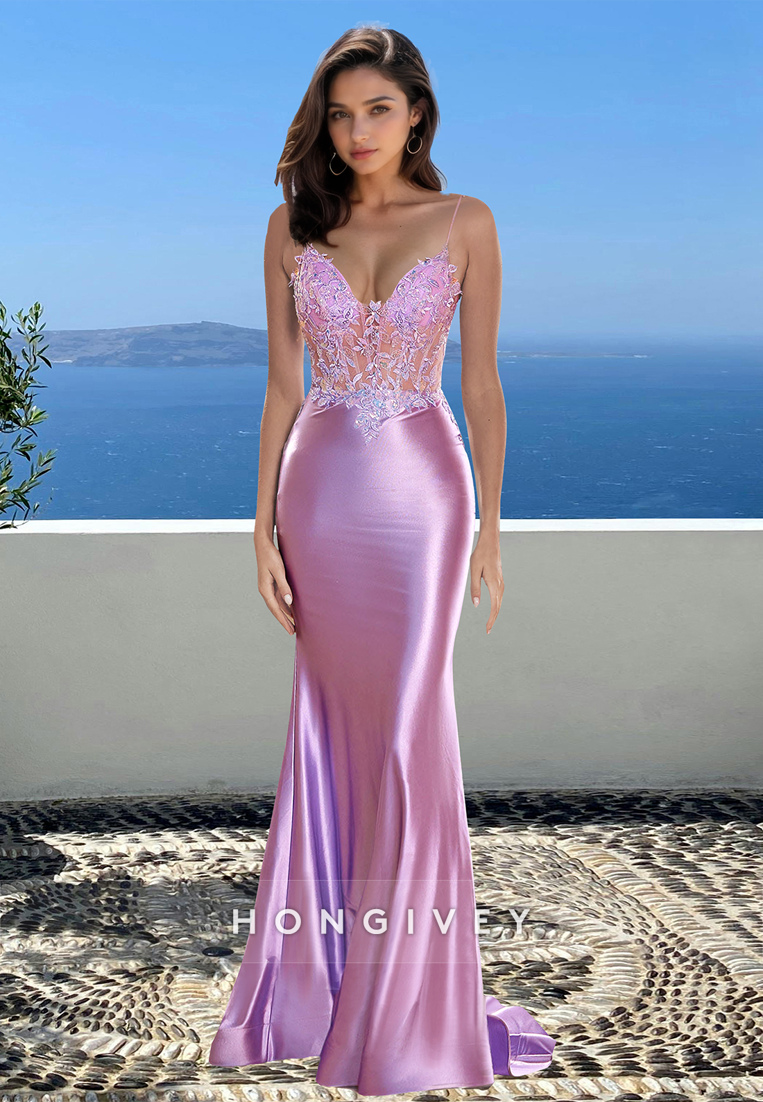 Straps Lilac Mermaid Evening Dress Satin Applique Vneck Formal Gown