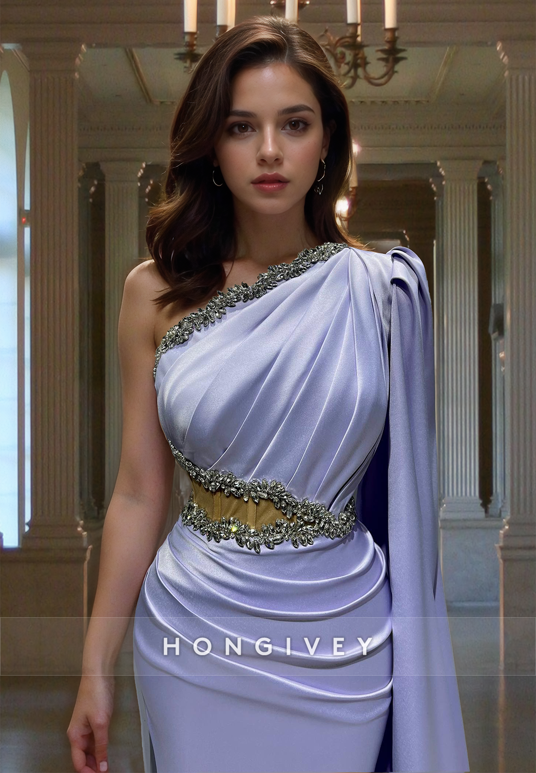 Chic One Shoulder Sleeves Asymmetrical Lavender Formal Evening Dress Gown